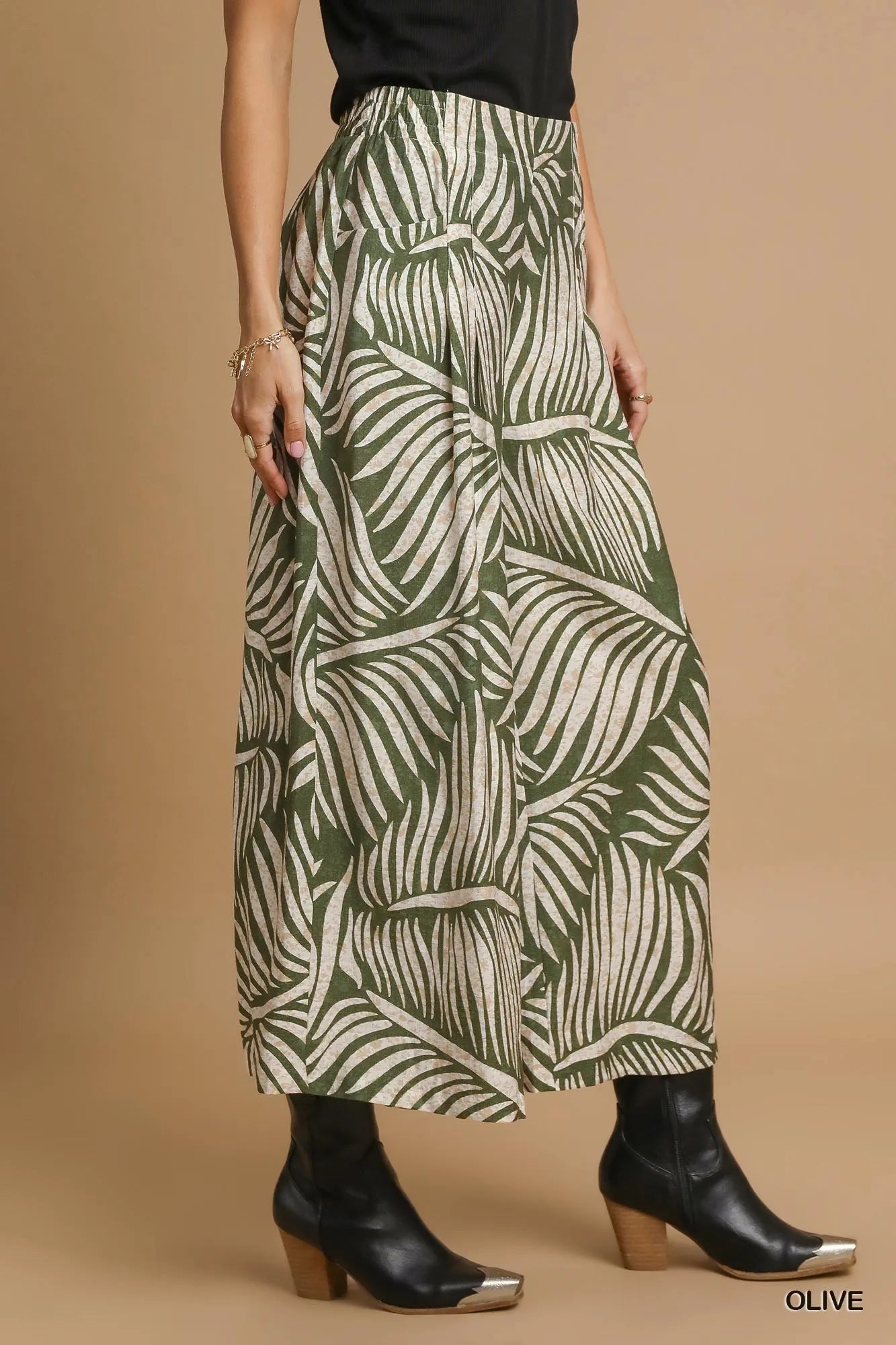 Tropical Palm Leaf Wide-Leg Culotte Pants