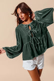 Balloon Sleeve Tie-Front Velvet Peasant Blouse
