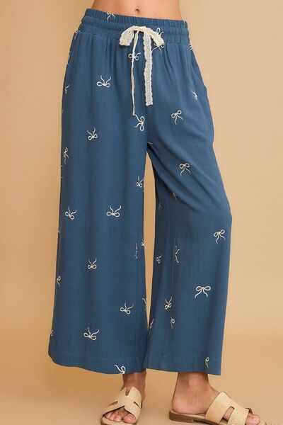 Full Size Lace Drawstring Embroidered Bow Wide Leg Pants Plus Size