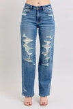 High-Rise Distressed Straight-Leg Denim Pants