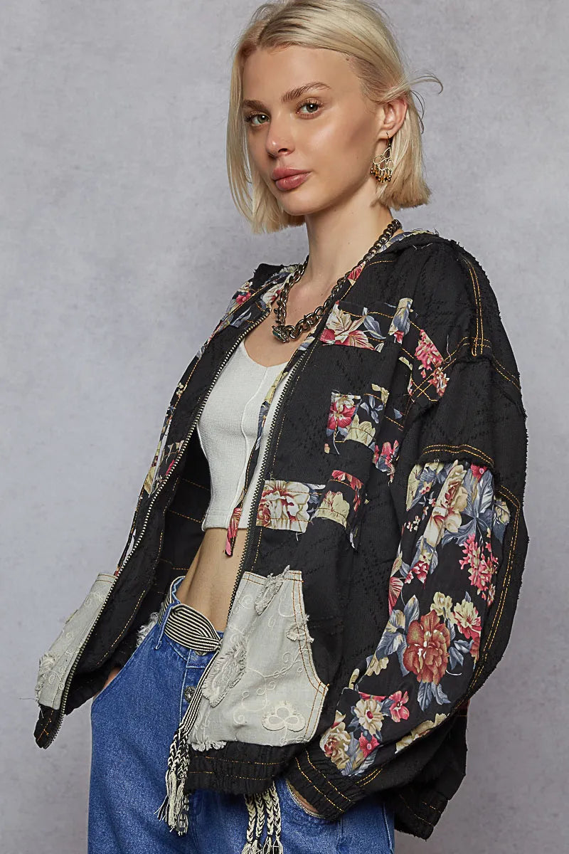 Floral Lace Patch Vintage Bomber Jacket