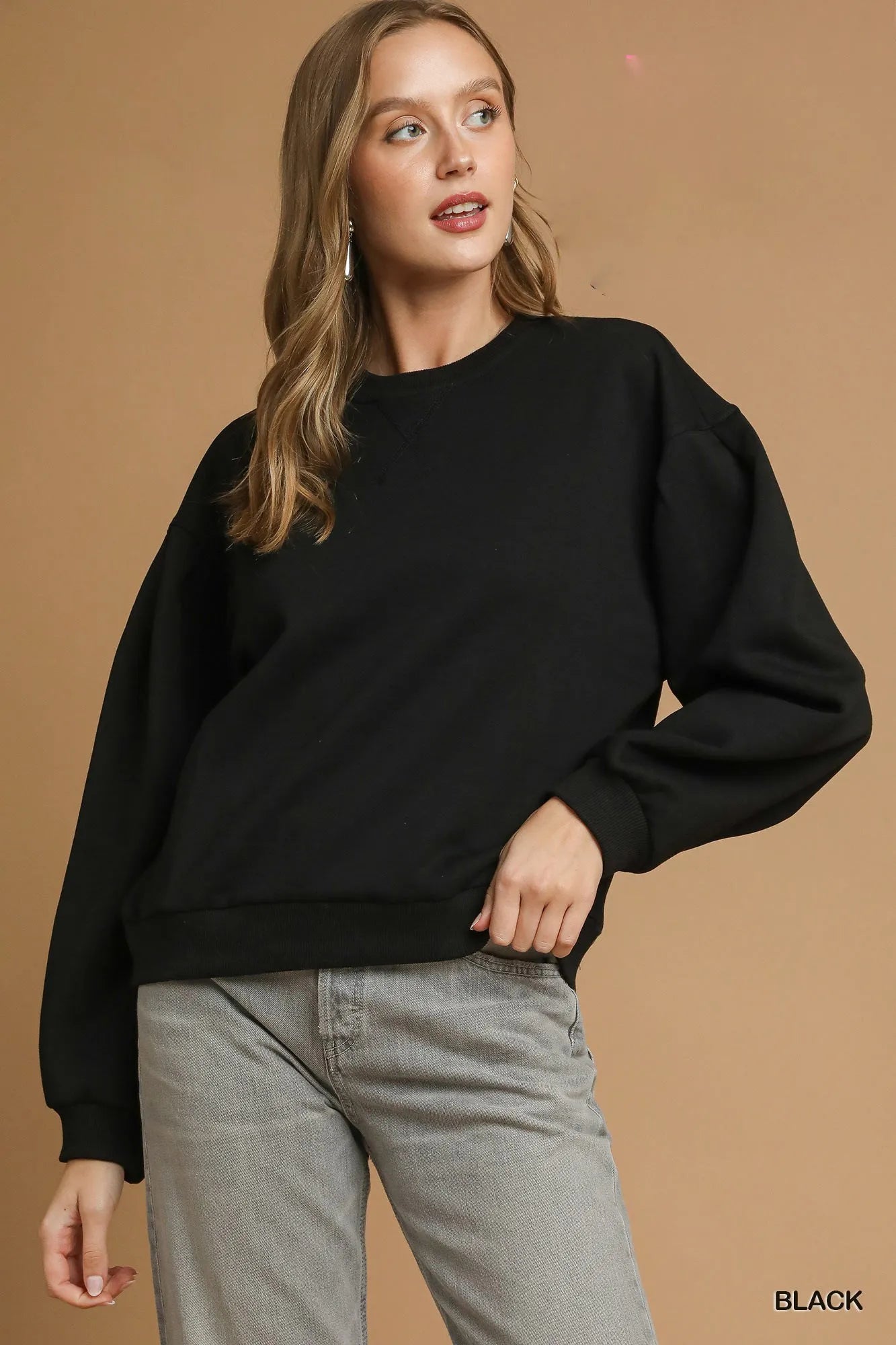 Pleated Detail Round Neck Pullover Sweatshirt