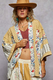 Patchwork Open Front Cardigan with Floral Accent Trim