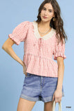 Gingham Lace Peplum Blouse with Puff Sleeves
