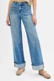 Full Size Mid Rise Elastic Band Cuffed Wide-Leg Patch Pocket Jeans