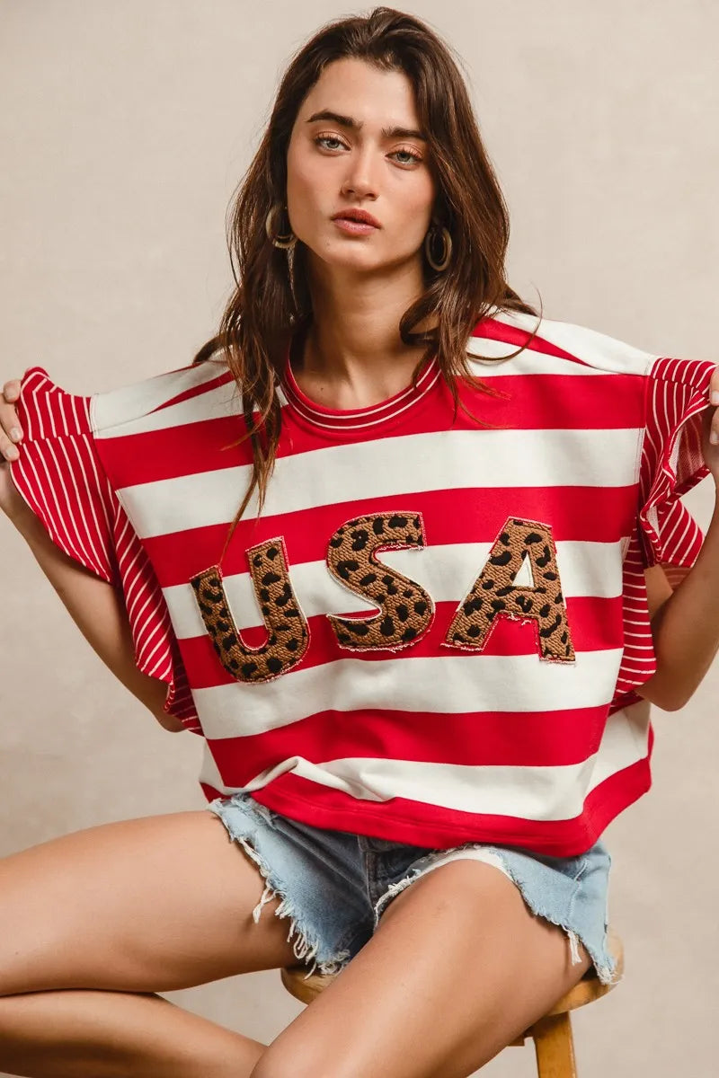 Ruffled Sleeve Blouse with Leopard Graphic and Stripes