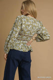 Botanical Peplum Blouse with Waist Tie