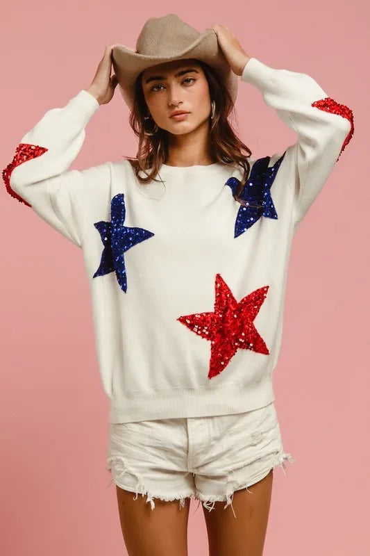 Patriotic Star Embellished Knit Pullover