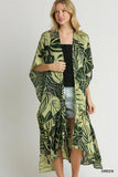Satin Tropical Flora Open Front Kimono with Ruffle Accents