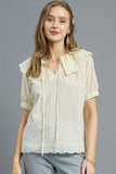 Ivory Ruffled Collar Textured Short Sleeve Blouse