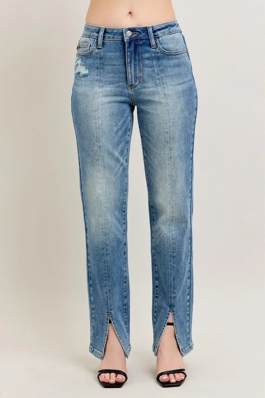 High Waist Vintage-Inspired Seam & Slit Straight-Leg Jeans