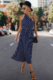 Dot Print Open Shoulder Fit Knot Belt Dress