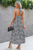 Animal Print Backless Halter Flowing Maxi Dress