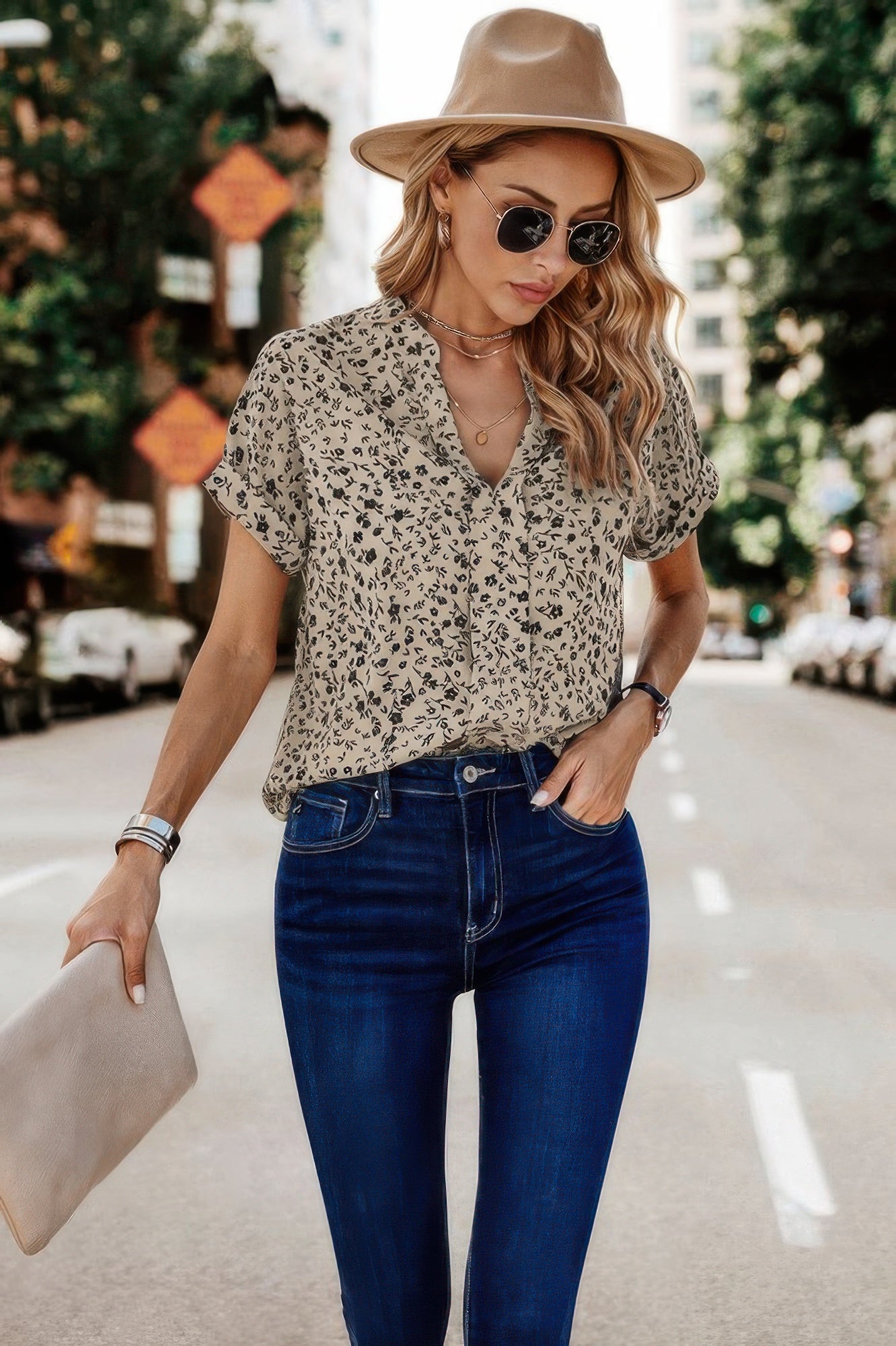 V Neck Floral Print Batwing Sleeve Blouse