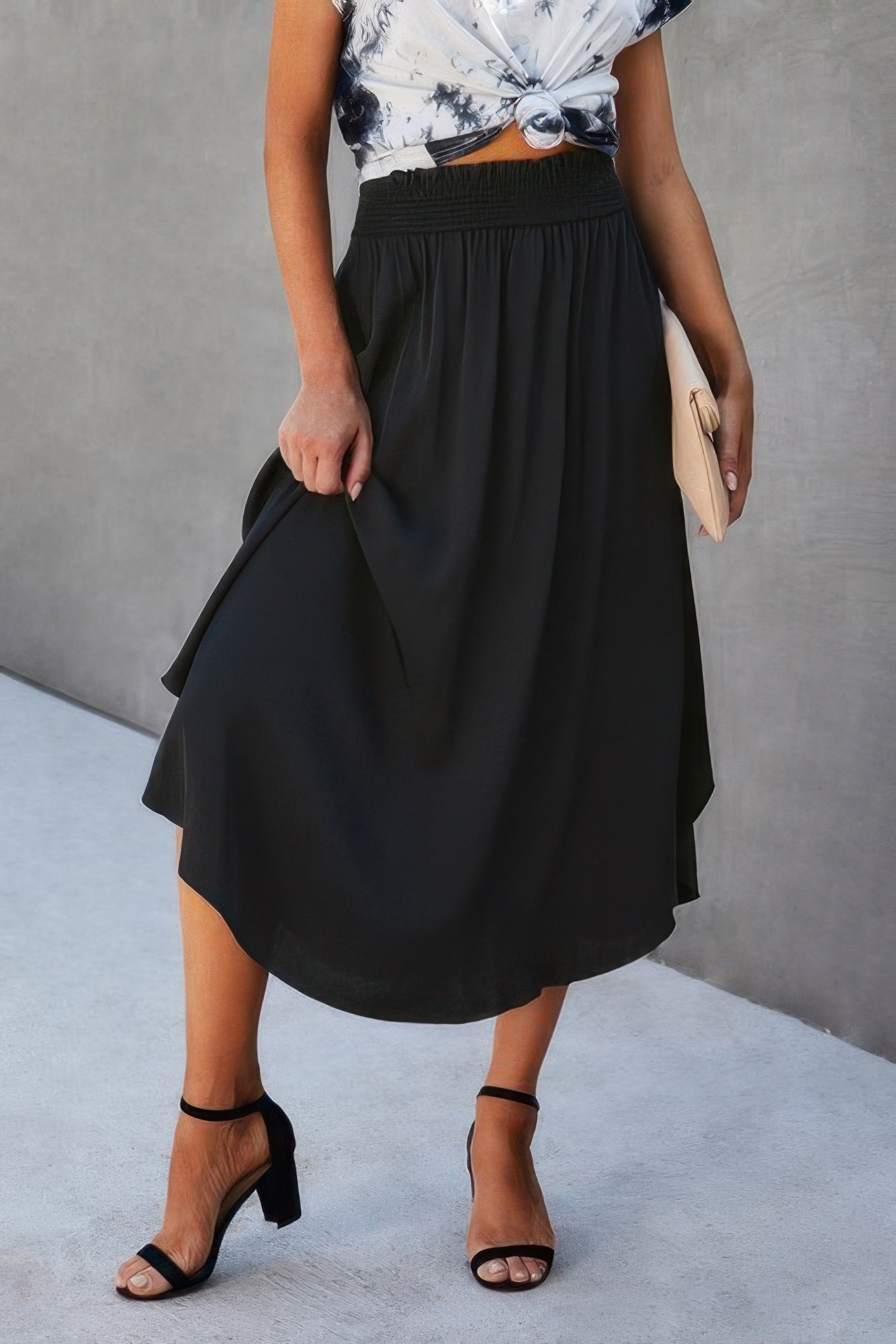 Shirred Waist Asymmetrical Hem Flared Skirt