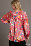 Full Size Satin Paisley Ruffle Neck Button-Down Blouse