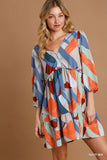 V-Neck Abstract Patterned Tiered Dress
