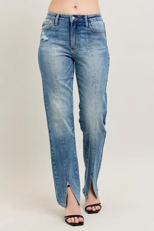 High Waist Vintage-Inspired Seam & Slit Straight-Leg Jeans