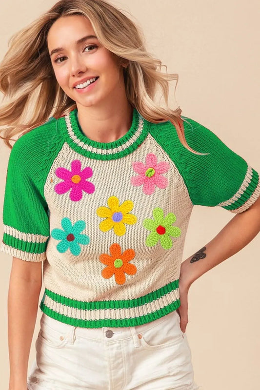 Floral Embroidered Striped Knit Pullover Sweater