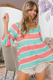 Stripe Printed Bubble Woven Balloon Sleeves Top