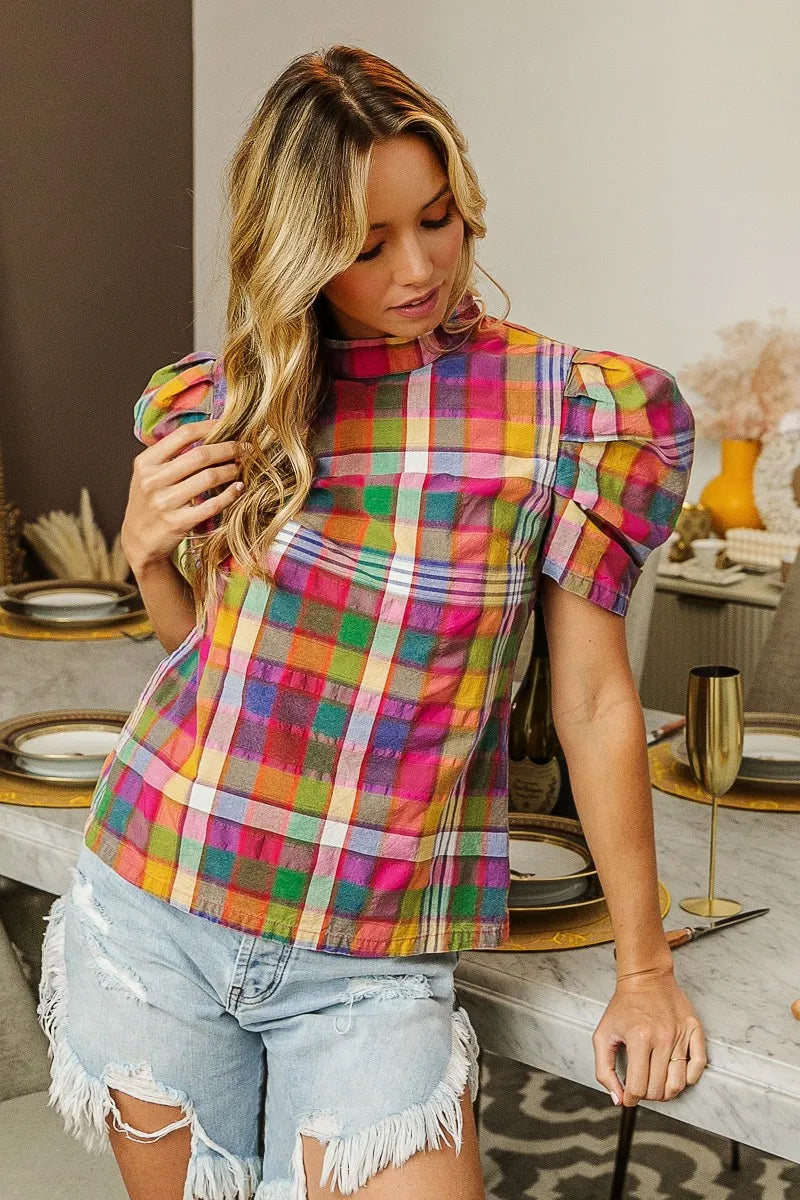 Vibrant Rainbow Puff Sleeve Checkered Blouse