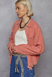 Textured Crop Button-Up Jacket with Flap Pockets
