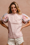 Floral Puff Sleeve Top With Scalloped Hem Detail