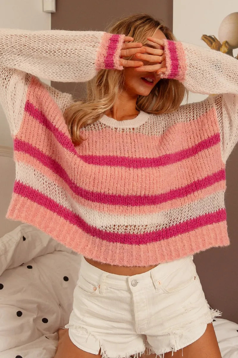 Mesh Accent Striped Pullover Sweater