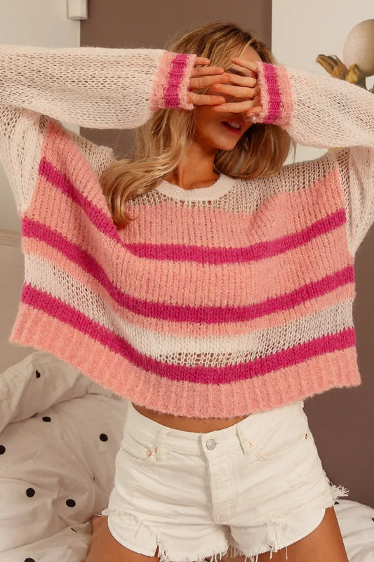 Mesh Accent Striped Pullover Sweater