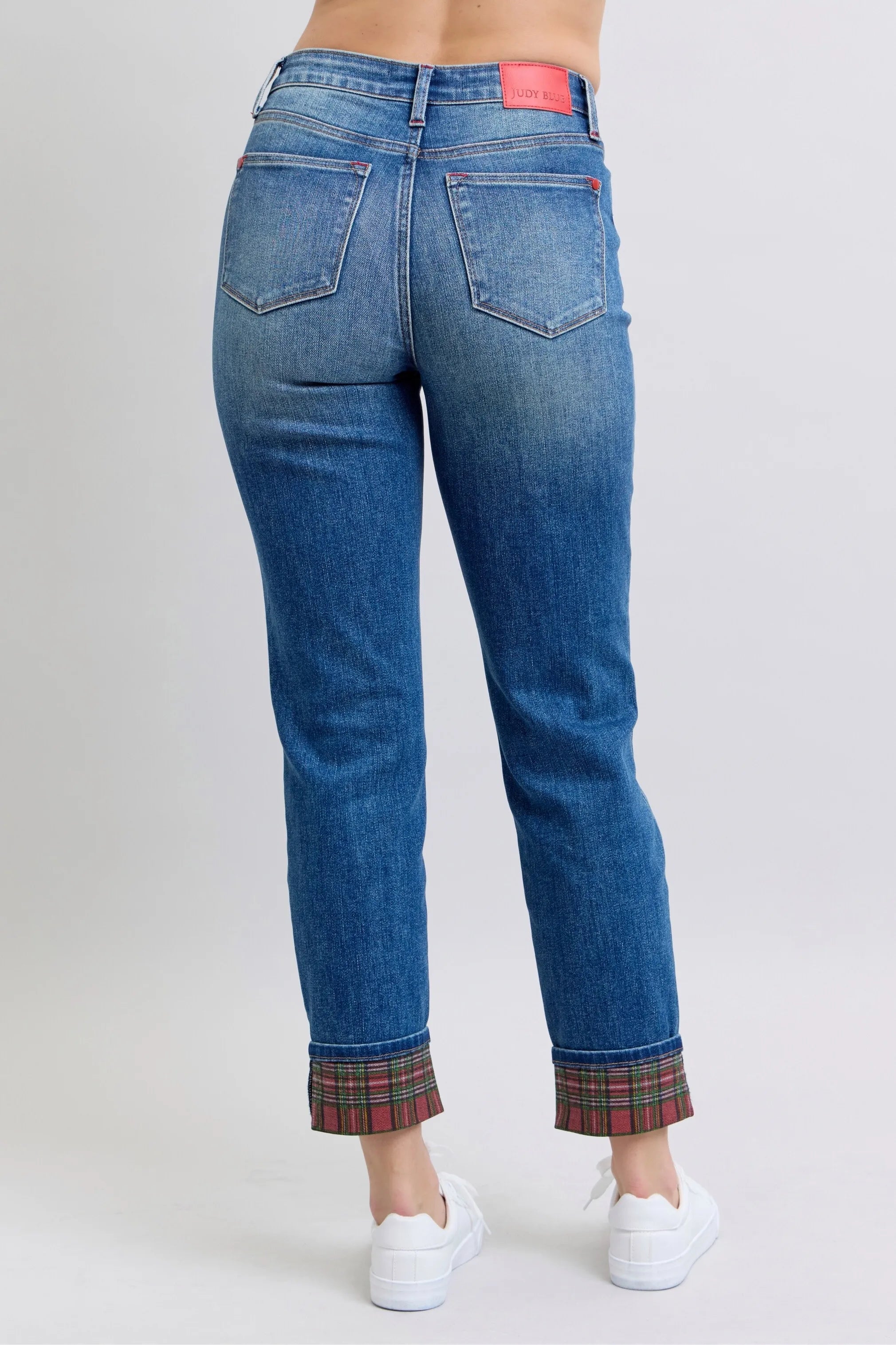 Full Length Plaid Cuff Straight Leg Denim Jeans