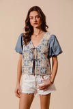 Boho Patchwork Puff Sleeve V Neck Blouse