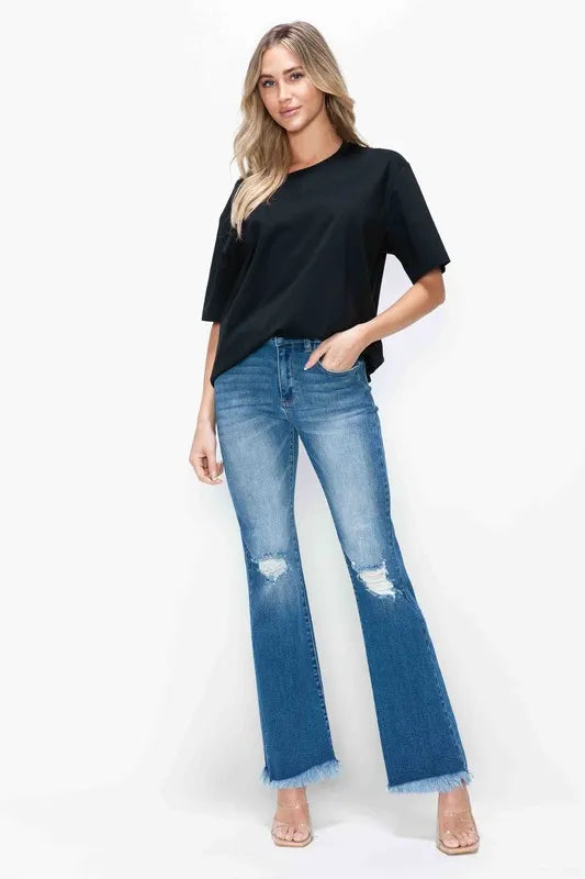 High-Rise Bootcut Jeans with Raw Edge Distressing