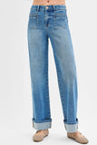 Full Size Mid Rise Elastic Band Cuffed Wide-Leg Patch Pocket Jeans