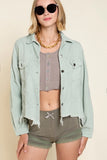 Cropped Distressed Denim Jacket with Pockets