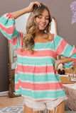Stripe Printed Bubble Woven Balloon Sleeves Top