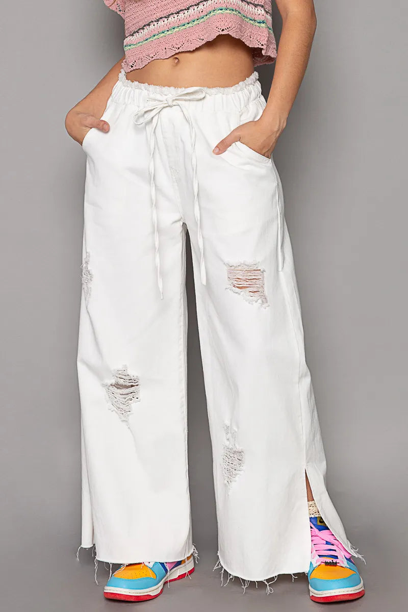 Ripped Drawstring Split Wide Leg Bottoms