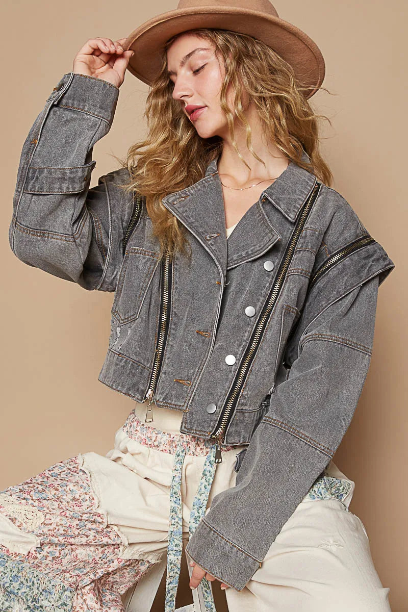 Denim Crop Jacket with Stylish Zipper Accents