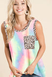 Sleeveless Tie Dye Top With Leopard Band