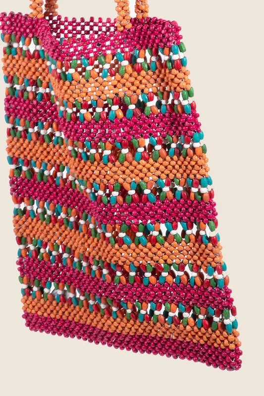 Contrast Wooden Beaded Tote Bag