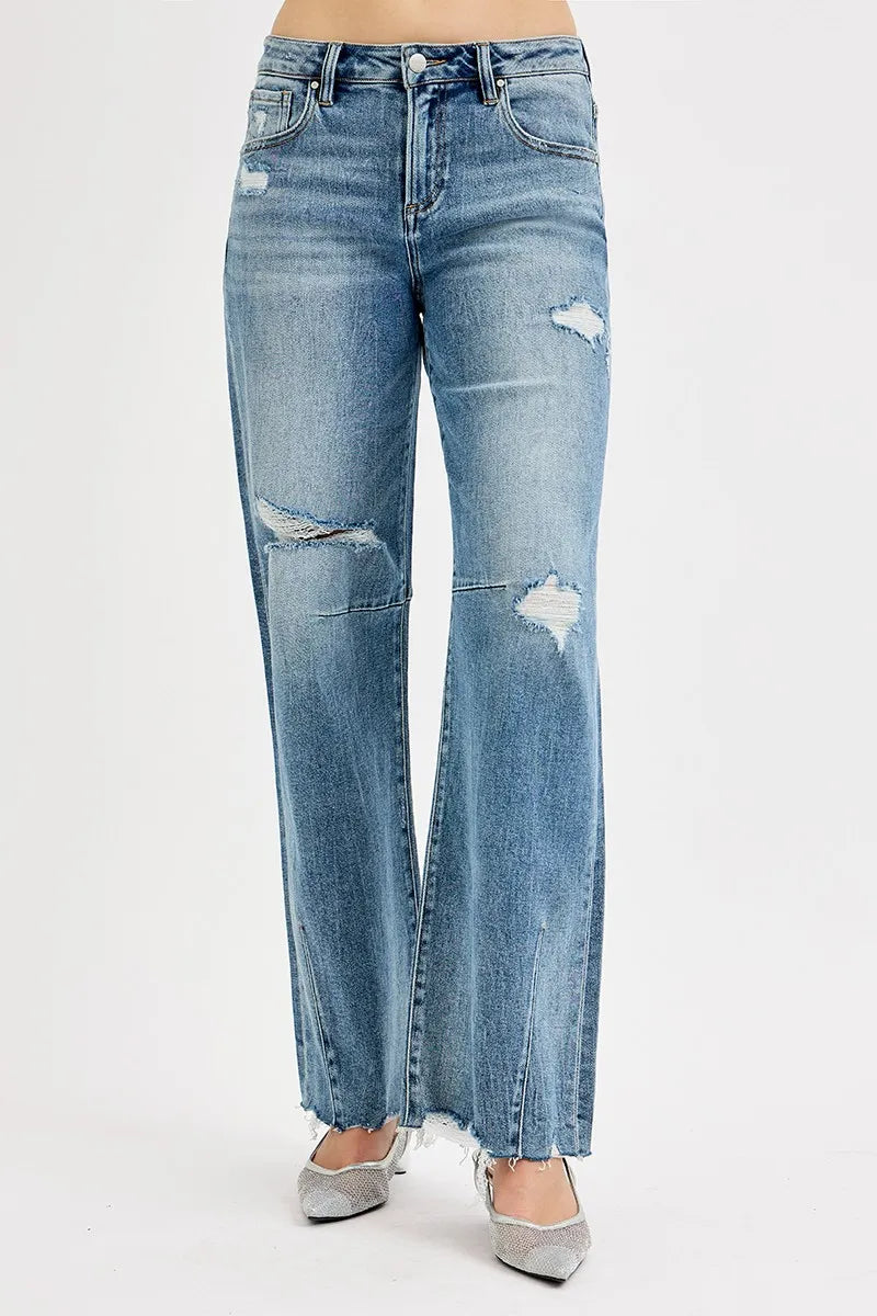 Mid Rise Wide Leg Tie Washed Relaxed Fit Jeans