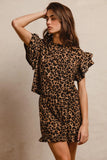 Waffle Texture Leopard Pattern Ruffle Sleeve Top and Shorts Ensemble