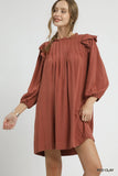Ruffle-Shoulder Linen Pleated Babydoll Dress