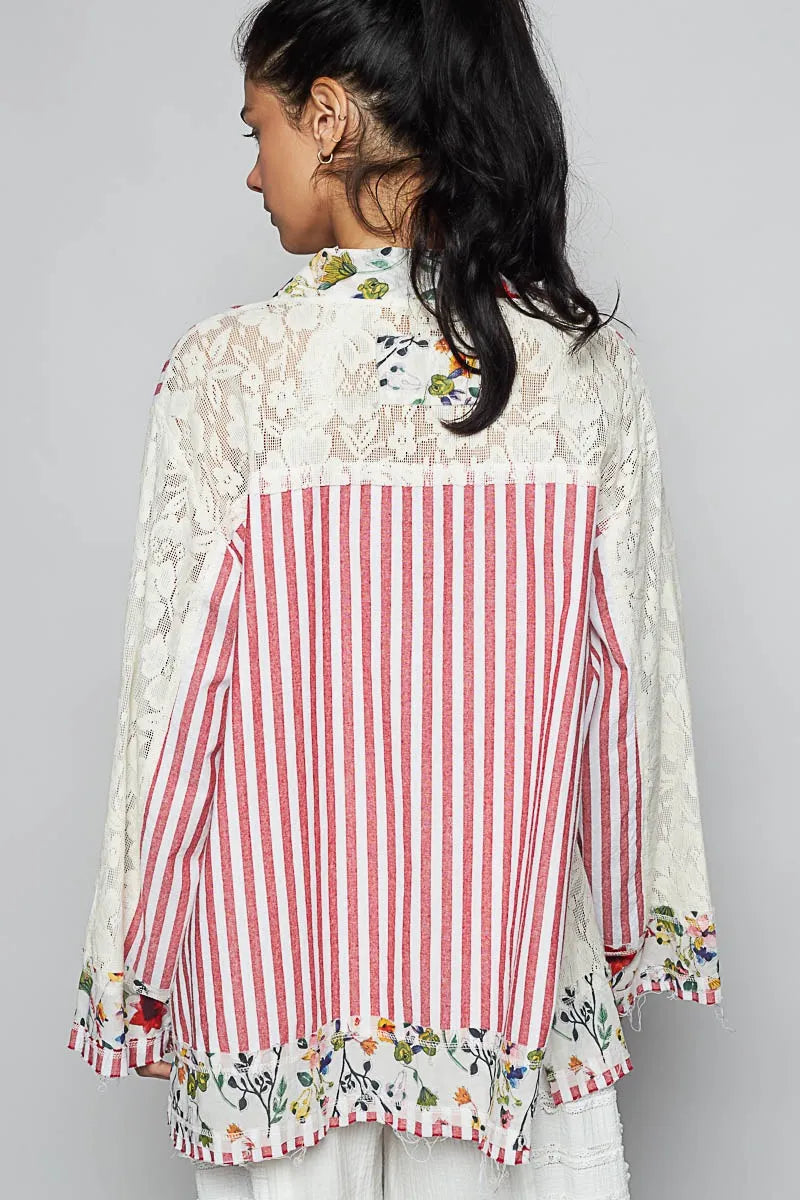 Floral Patch Lace Sleeve Cardigan with Striped Design