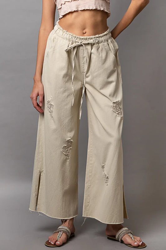Bohemian Drawstring Distressed Wide-Leg Pants