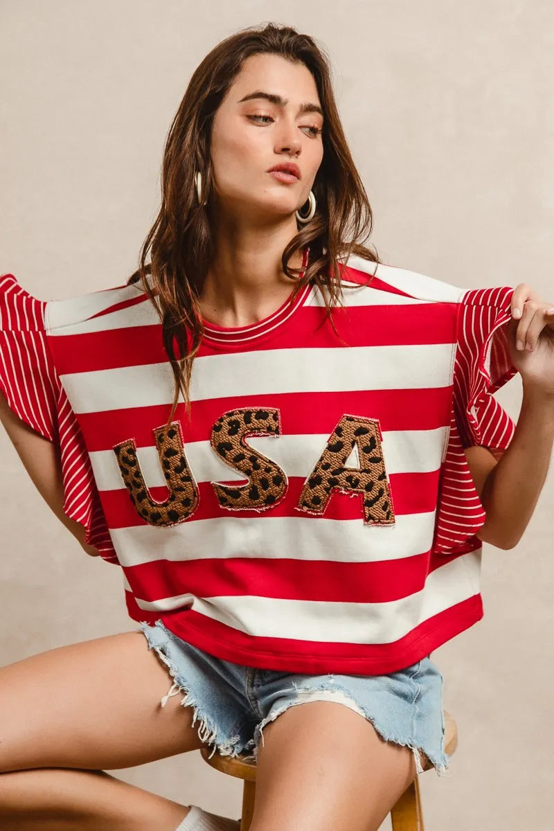 Ruffled Sleeve Blouse with Leopard Graphic and Stripes
