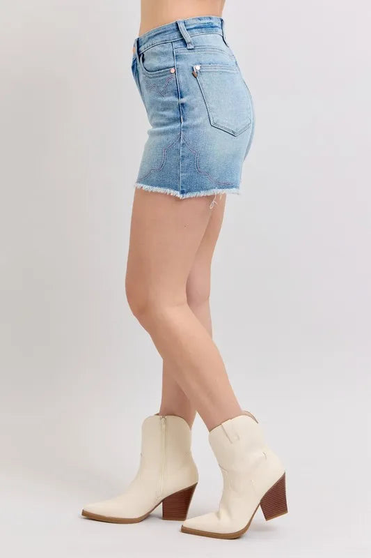 High Waist Western Embroidery Detail Cut Off Denim Shorts