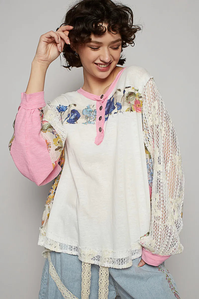 Floral Patchwork Crochet Sleeve Buttoned Lace Trim Blouse