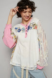 Floral Patchwork Crochet Sleeve Buttoned Lace Trim Blouse