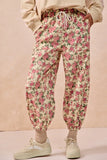 Vibrant Floral Twill Pants with Adjustable Elastic Waistband