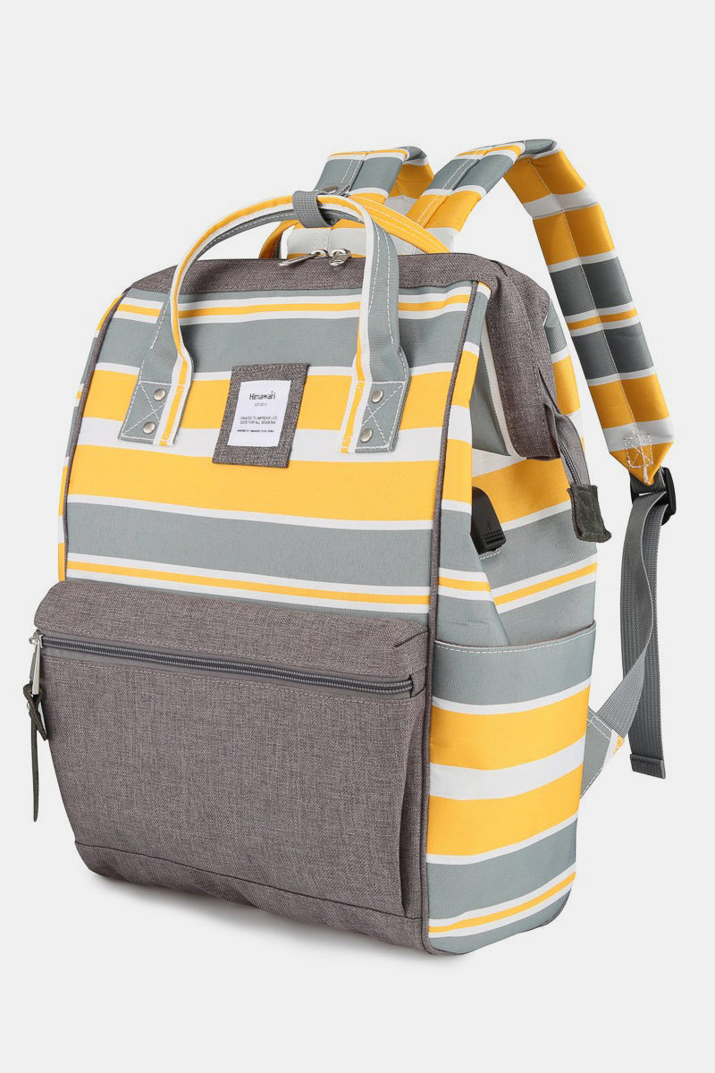 Striped Waterproof Nylon Backpack Bag with Side Pockets - Yellow